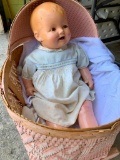 Vintage Wicker Doll Bassinet W/Compositiion Doll