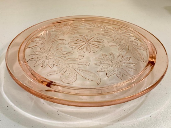 Vintage Pink Depression Glass Low Cake Plate In "Sunflower" Pattern