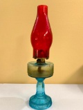 Antique Oil Lamp W/Blue Base/Fount & Red Chimney