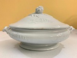 Antique Ironstone Oval Lidded Serving Bowl Marked 