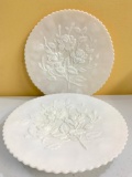 (2) Imperial Milk Glass Platters W/(3) Embossed Roses & Vine