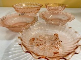 (5) Pink Depression Glass Bowls-Some Hand Painted