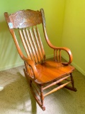 Antique Oak & Ash Rocking Chair W/Pressed Back & Curved Arms