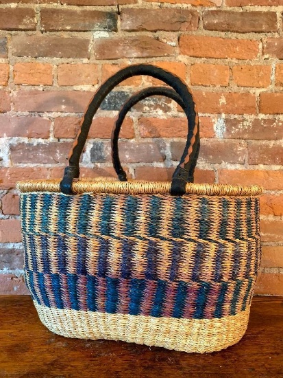 Artisan Sewing or Knitting Basket with Leather Wrapped Handle