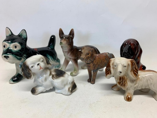 Group of Small Decorative Porcelain, a Metal and a Glass Dogs