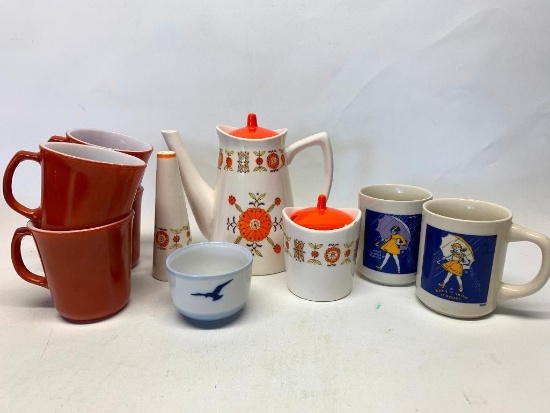 Group with 70's Tea/Coffee Set, 4 Corning Coffee Cups and Two Morton Salt Coffee Cups