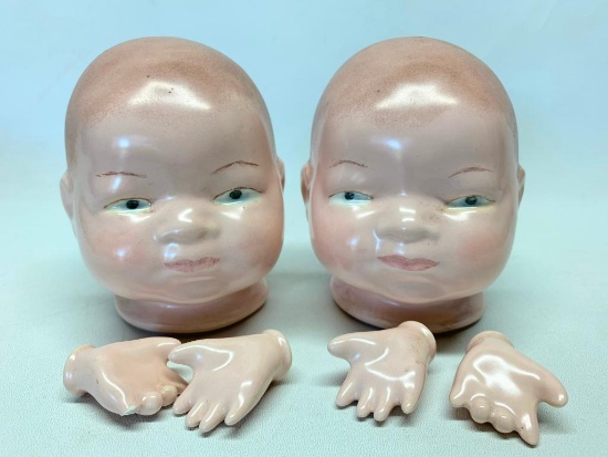 2 Vintage Doll Heads with Two Sets of Hands