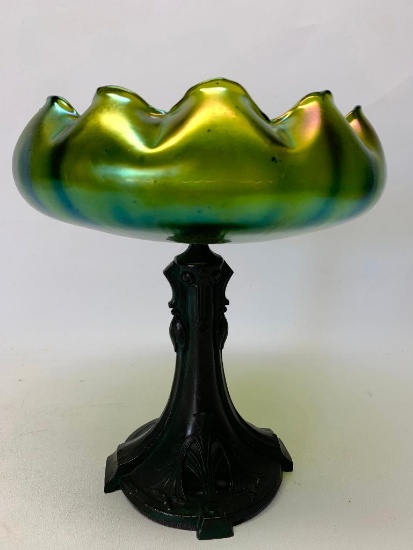 Green Carnival Glass and Metal Deco Style Raised Candy Dish