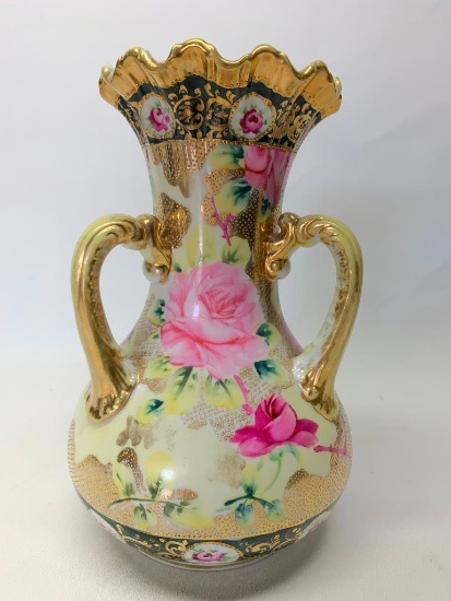 Interesting, Gold Overlay and Floral Accented, Triple Handle Vase