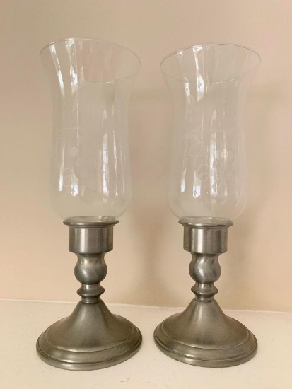 Pewter Weighted Candle Holders with Etched Shades