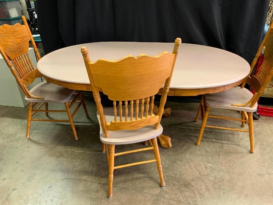 Painted Top, Round Oak, Pedestal Table, 48" Table with A leaf and 3 Pressed Back Chairs