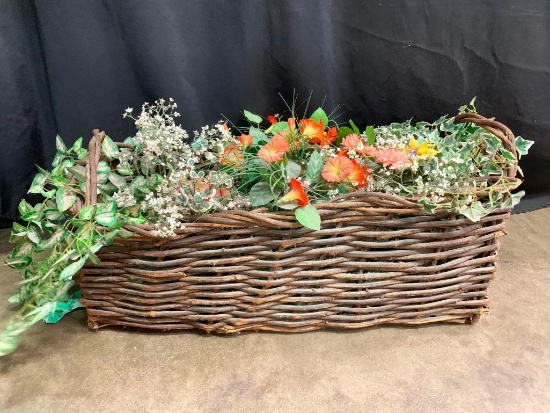 Large, Woven Branch Basket with Handles and Silk Flowers