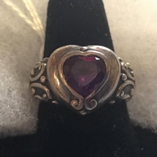 Sterling .925 Ladies Rings W/Heart Shaped Amethyst Color Faceted Setting