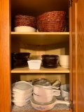 An Upper, Corner Kitchen Cabinet of Coring Ware, Vision Ware and Baskets