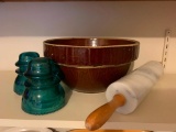 Vintage Mixing Bowl, Marble Rolling Pin and Two Insulators