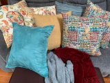 Group of Throw Pillows and Two Throws