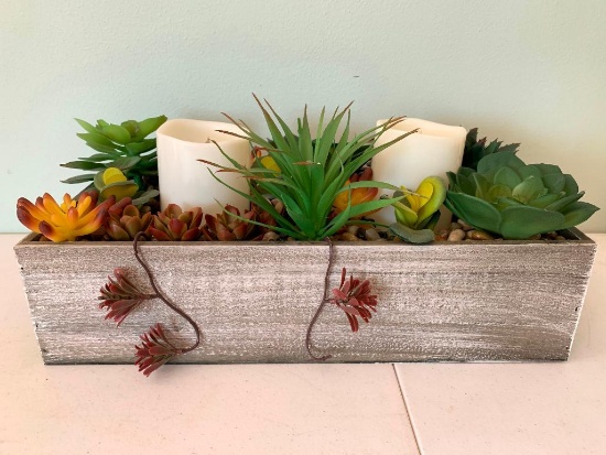 Contemporary, Still in Box, Decorative Succulent Planter with Flicker Candles