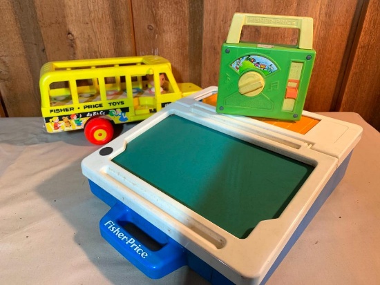 Fisher Price Bus, Toyland Wind Up Toy and a Plastic Desk