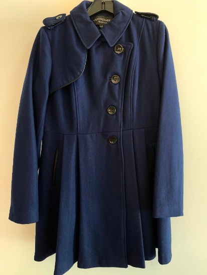 Centigrade, Wool Blend Military Coat, with Faux Leather Trim, Sapphire Color, Size Small Coat
