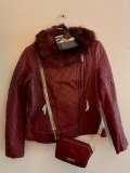 Iman, Ladies, Medium, Marsala Red Leather with Purse, Faux Fur Collar
