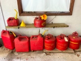 Group of 8 Gas Cans in Garage, Metal and Plastic as Pictured
