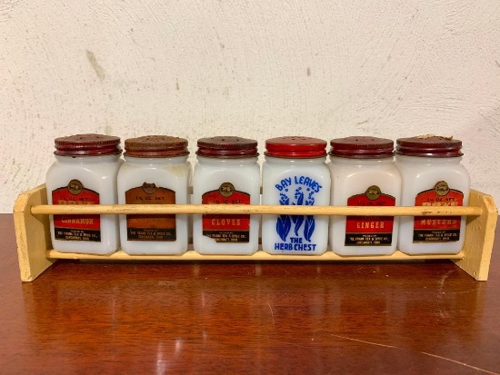 Set of Milk Glass Spice Jars in Rack, 3.5" Tall as Pictured