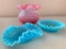 1 Pink Hobnail and 2 Blue Ruffled Edge Vases