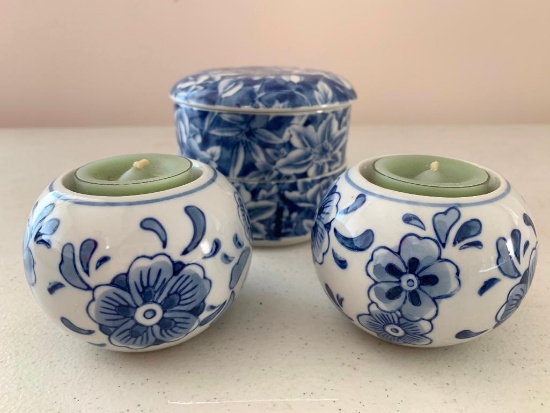 Chinese, Blue and White Porcelain, Candle Holders, Round Box with Lid