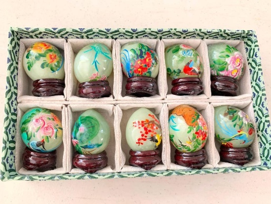 Group of 10 Chinese, Hand Painted, Jade Eggs In Original Packaging