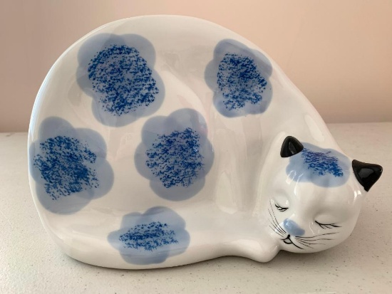Chinese Blue and White Porcelain Cat Figure, 7" Tall