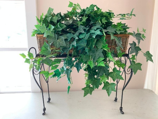 Wrought Iron Plant Stand with Wicker Planter and Faux Plants