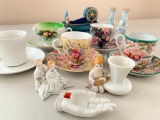 Group of Miniature Porcelain Items, Pin Cushion and Oriental Style Cups and Saucers