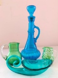 Group of Colored Glass Items with Applied Handle Pitcher and More