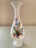 White Glass, Hand Painted Vase, 8.5