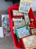 Red Tote of Christmas Ornaments Mostly in Original Boxes and Have been used