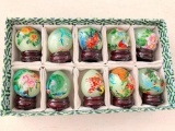 Group of 10 Chinese, Hand Painted, Jade Eggs In Original Packaging