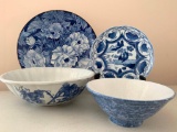 Group of 4 Blue and White Chinese and Japanese Porcelain Plates and Bowls as Pictured