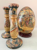 Chinese Egg on Stand and a Pair of Candle Sticks, Candle Sticks are 9