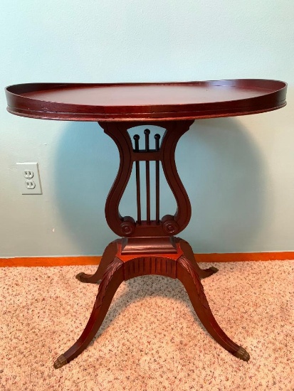 Oval Top Lyre Table with Wear and Scratching from age and Use, 26" Tall and 24" Wide