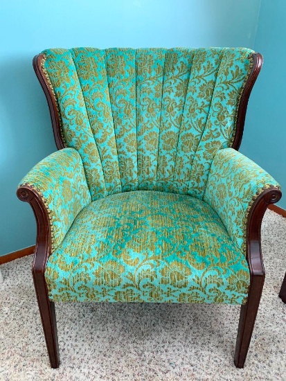 1970's, Blue and Green Wingback Chair as Pictured