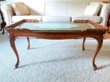 Vintage Wood Coffee Table with Carvings and Glass Top