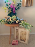 Lot of Faux Flowers, Prints, and side table