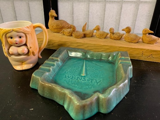 Carved Wood Duck Figure, Hoffman Pottery Ohio Ash Tray and Topless Lady Mug