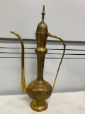 Vintage, Etched Indian Brass Tea Pot, 18