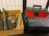Army Shovel, Cyber Power Surge Protector and Plastic Tool Box