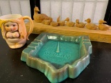 Carved Wood Duck Figure, Hoffman Pottery Ohio Ash Tray and Topless Lady Mug