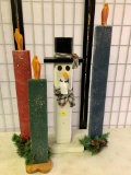 Group of Wood, Christmas Decorations of Candles and a Snowman