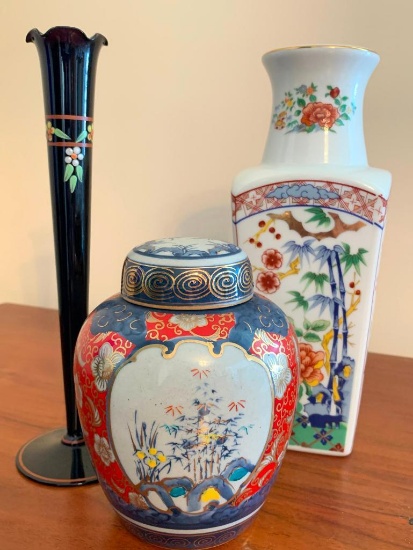 Oriental Style, Porcelain Vase and Urn, Vase is 10" Tall