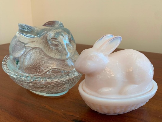 Milk Glass and Clear Glass Covered Dish Bunnies'