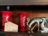 Two Contemporary Red Vases and Resin Deer